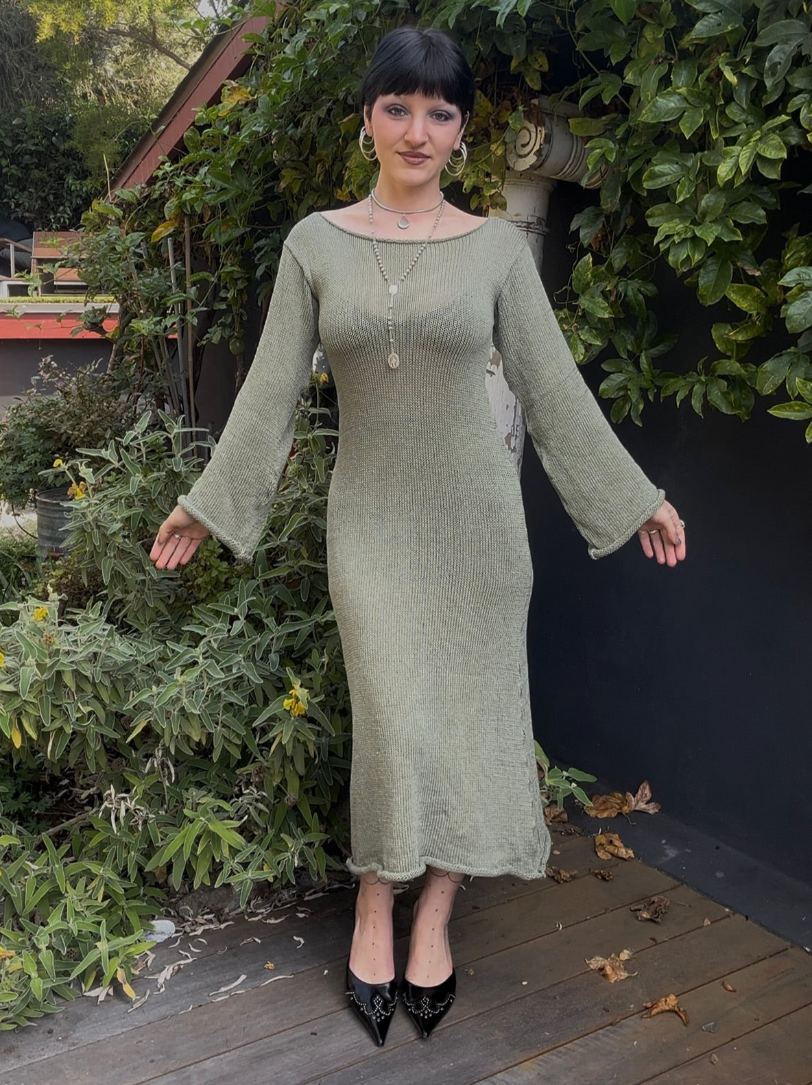knitwear maxi dress Kiasta Long Sleeve in Neutral Knit 52% Polyester Plus Size Knit Dresses for